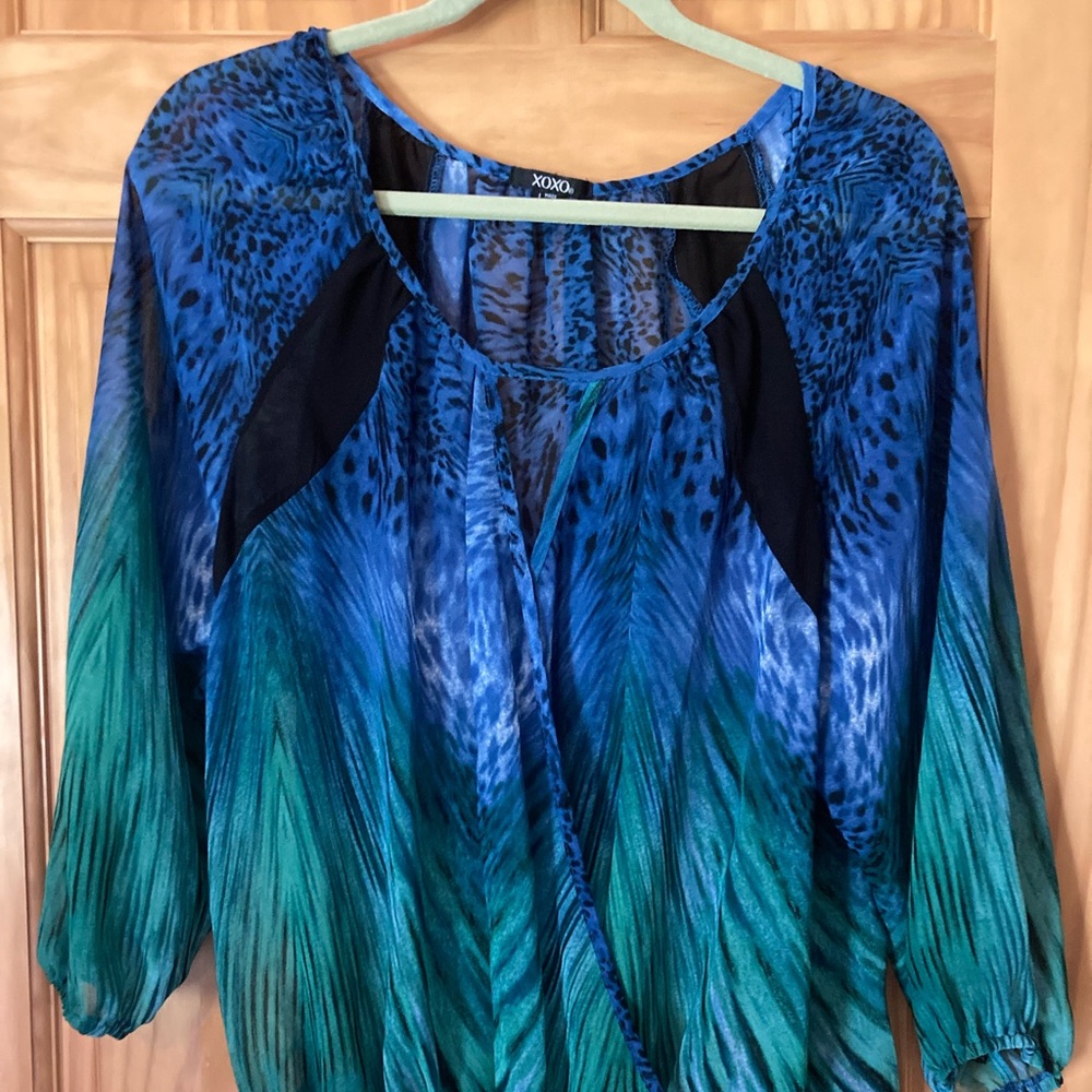 XOXO Size M sheer blouson, banded waste, wrap front